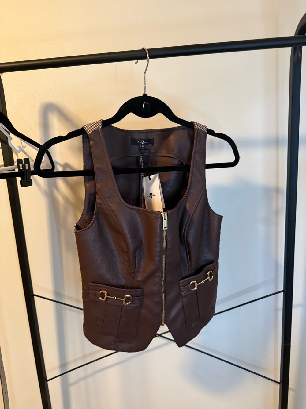 7 For All Mankind Brown Faux Leather Zip-Front Bodysuit Vest